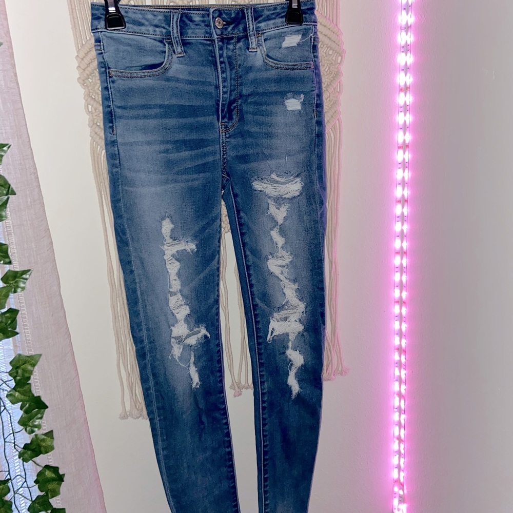Blue Jean Ripped Super Hi-Waisted Jeggings Ne(x)t Level Stretch AEO Size 0 Reg